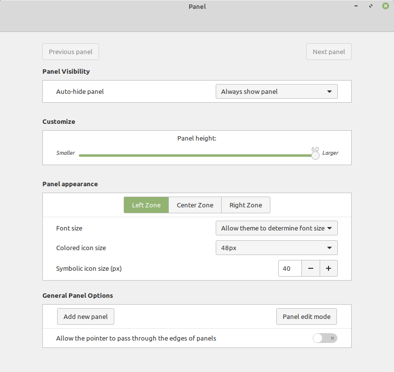 Linux Mint 19.3 panel settings